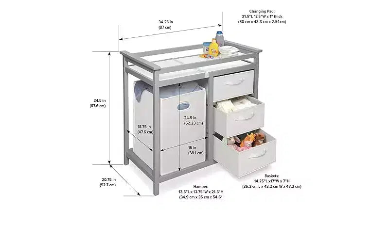 Nursery Changing Table with Three Storage Baskets and Large Hamper