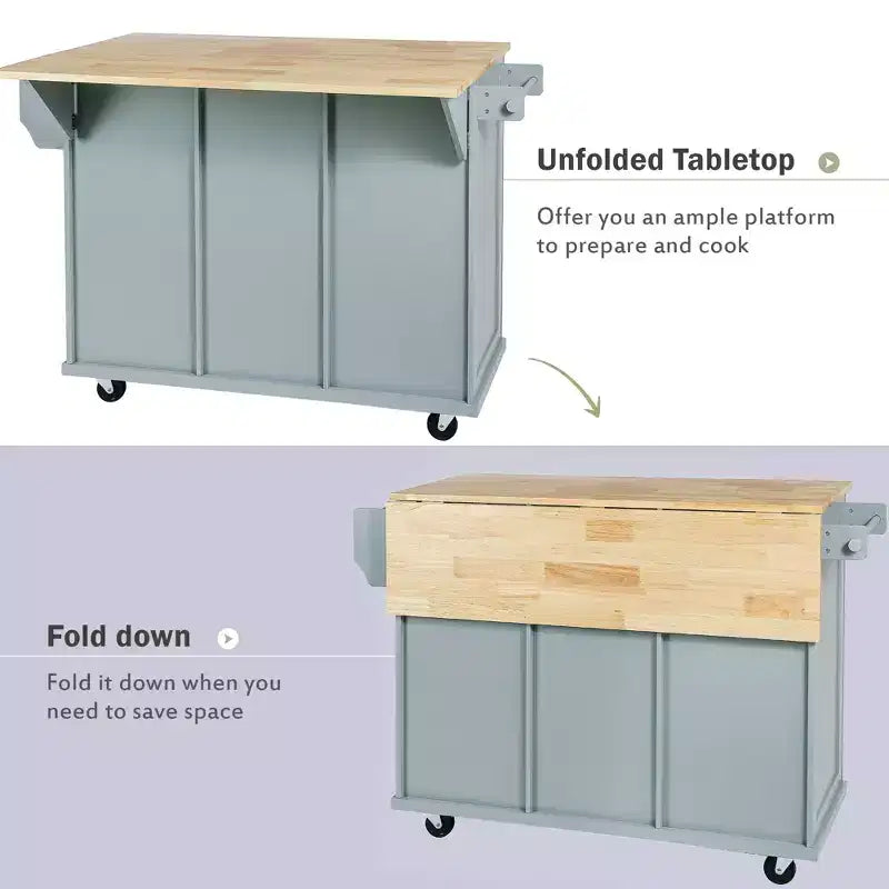 53.1 Inch Rolling Kitchen Island with Drop Leaf, Storage Cabinet and 3 Drawers