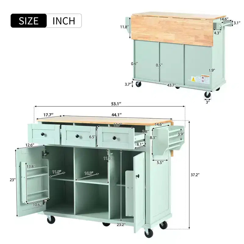 53.1 Inch Rolling Kitchen Island with Drop Leaf, Storage Cabinet and 3 Drawers