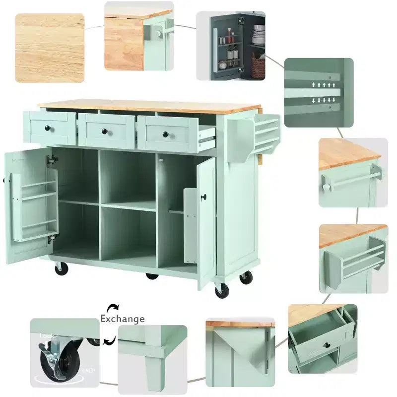 53.1 Inch Rolling Kitchen Island with Drop Leaf, Storage Cabinet and 3 Drawers