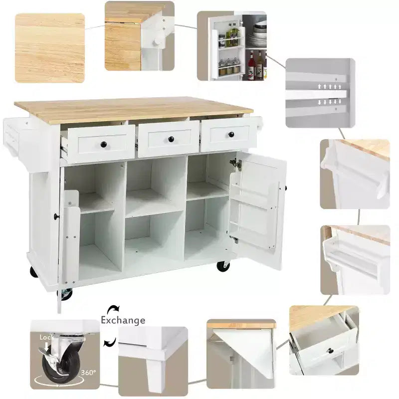 53.1 Inch Rolling Kitchen Island with Drop Leaf, Storage Cabinet and 3 Drawers
