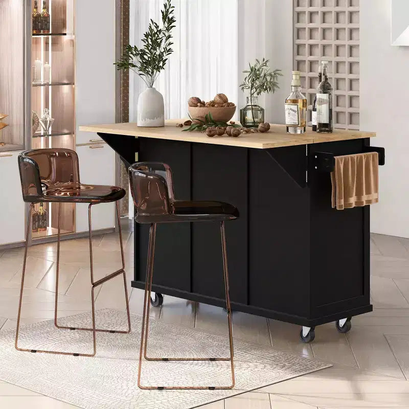 53.1 Inch Rolling Kitchen Island with Drop Leaf, Storage Cabinet and 3 Drawers