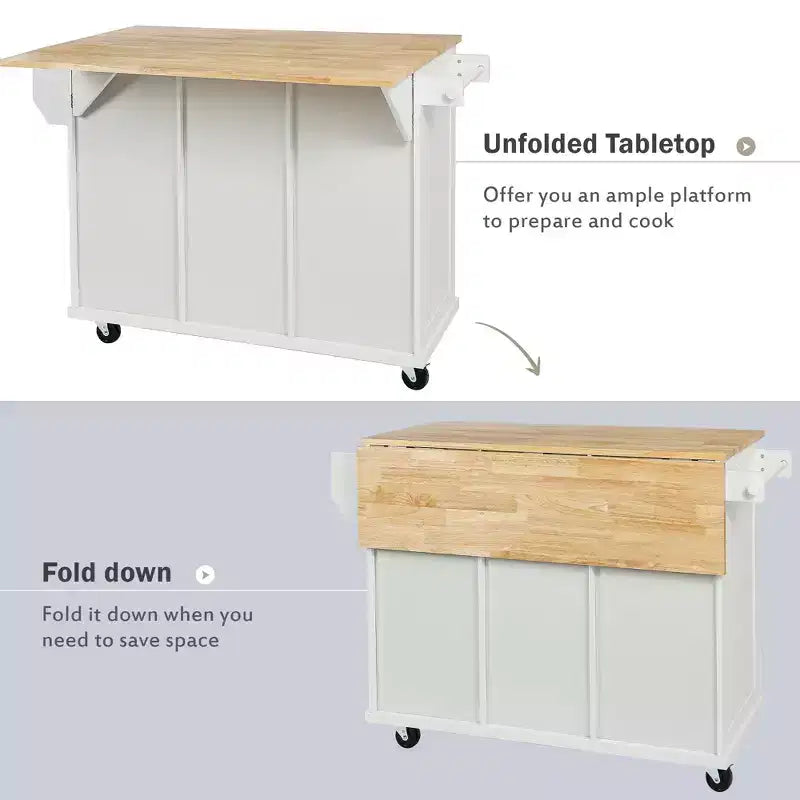 53.1 Inch Rolling Kitchen Island with Drop Leaf, Storage Cabinet and 3 Drawers
