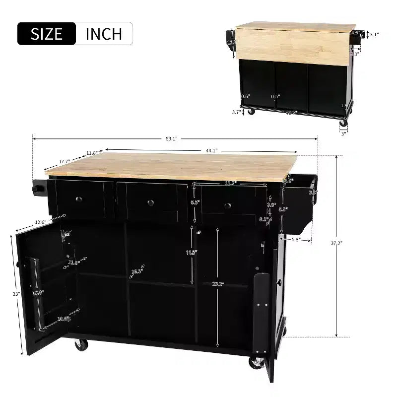 53.1 Inch Rolling Kitchen Island with Drop Leaf, Storage Cabinet and 3 Drawers