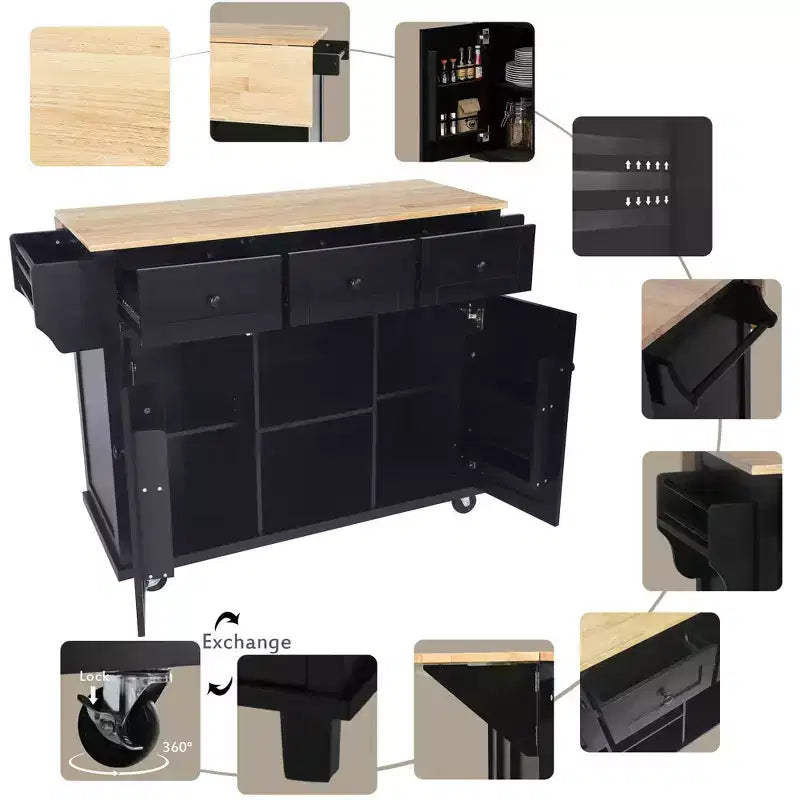 53.1 Inch Rolling Kitchen Island with Drop Leaf, Storage Cabinet and 3 Drawers