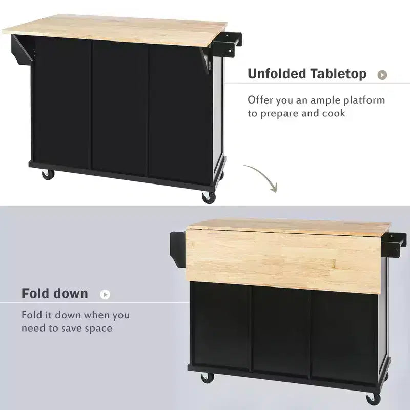 53.1 Inch Rolling Kitchen Island with Drop Leaf, Storage Cabinet and 3 Drawers