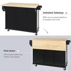 53.1 Inch Rolling Kitchen Island with Drop Leaf, Storage Cabinet and 3 Drawers