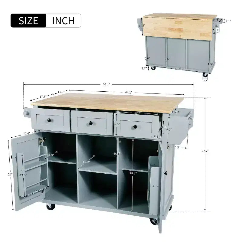 53.1 Inch Rolling Kitchen Island with Drop Leaf, Storage Cabinet and 3 Drawers