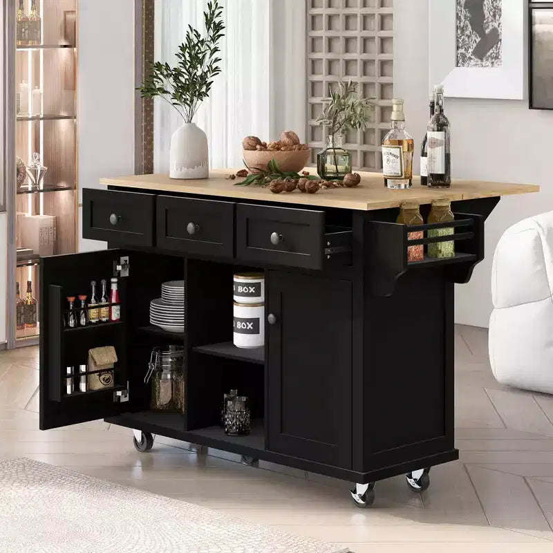 53.1 Inch Rolling Kitchen Island with Drop Leaf, Storage Cabinet and 3 Drawers