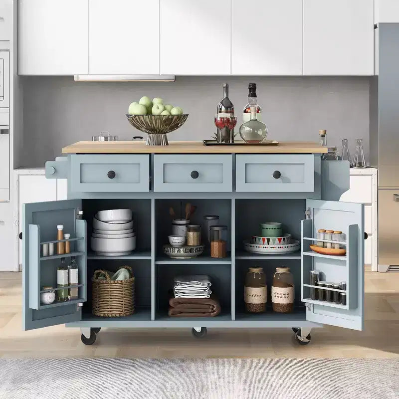 53.1 Inch Rolling Kitchen Island with Drop Leaf, Storage Cabinet and 3 Drawers