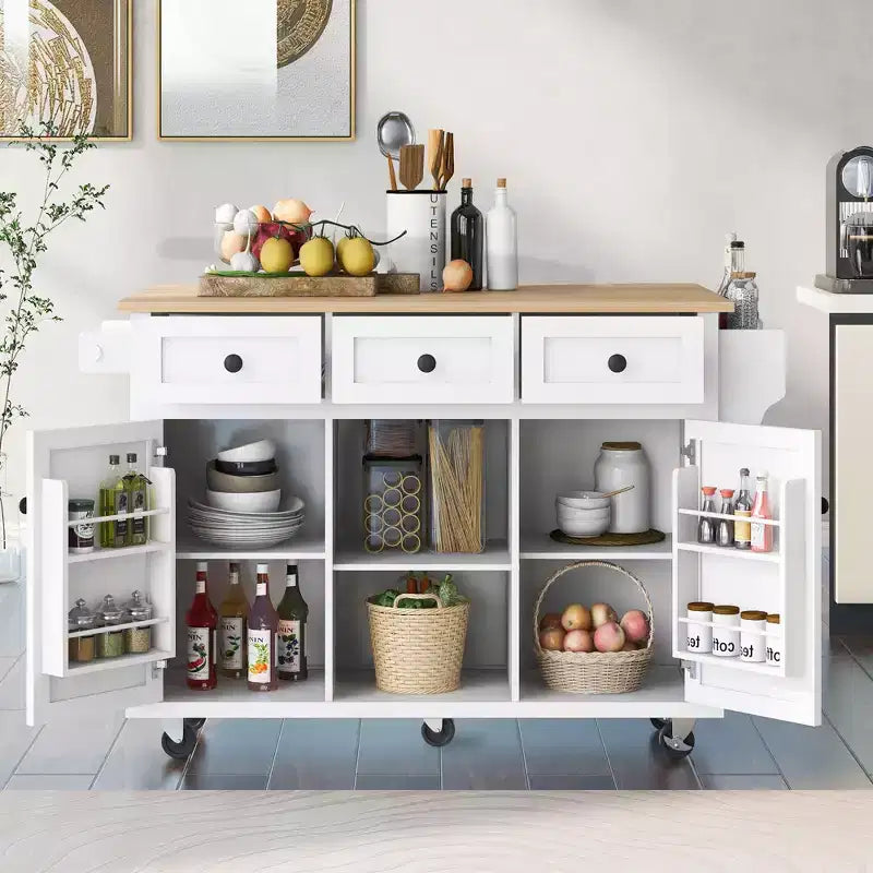 53.1 Inch Rolling Kitchen Island with Drop Leaf, Storage Cabinet and 3 Drawers