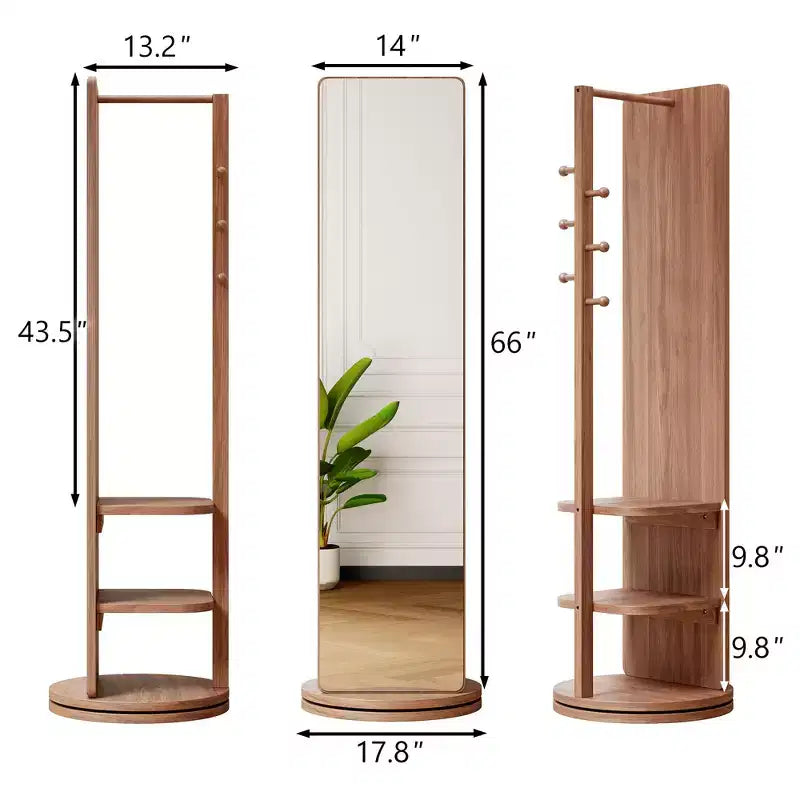 Rotating Full Length Mirror with Hook Coat Rack, Freestanding Floor Mirror for Bedroom and Dressing Room, Walnut
