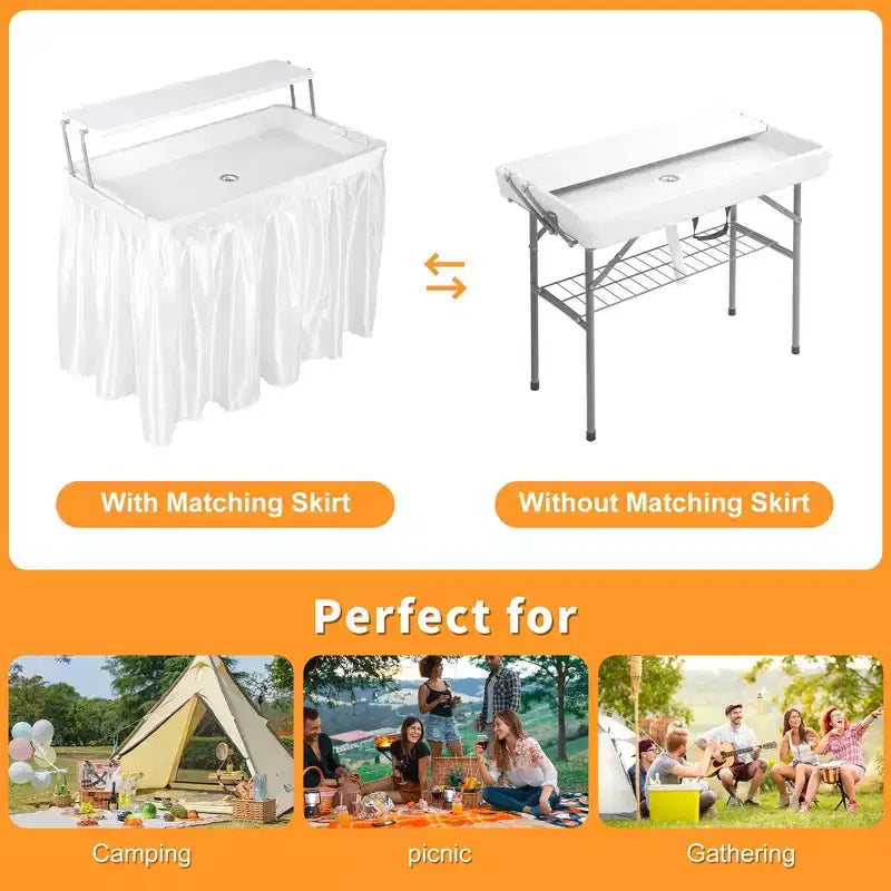 Folding Table with Ice Basin, Storage Shelf and Drain