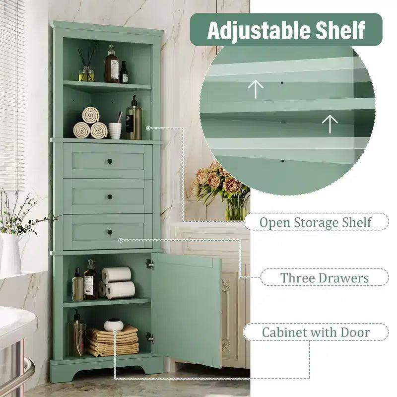Triangle Corner Storage Cabinet with 3 Drawers and Adjustable Shelves