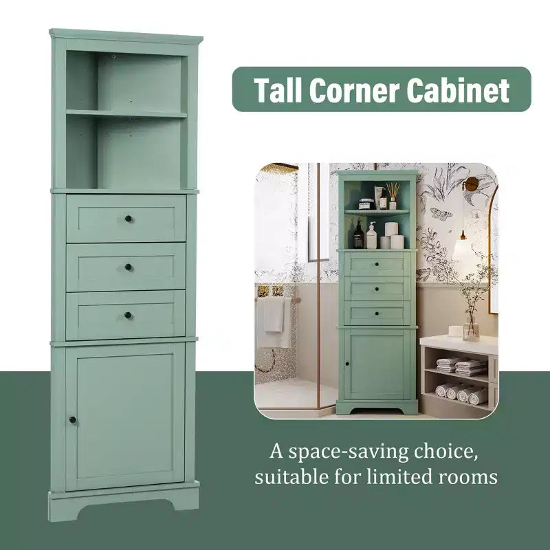 Triangle Corner Storage Cabinet with 3 Drawers and Adjustable Shelves