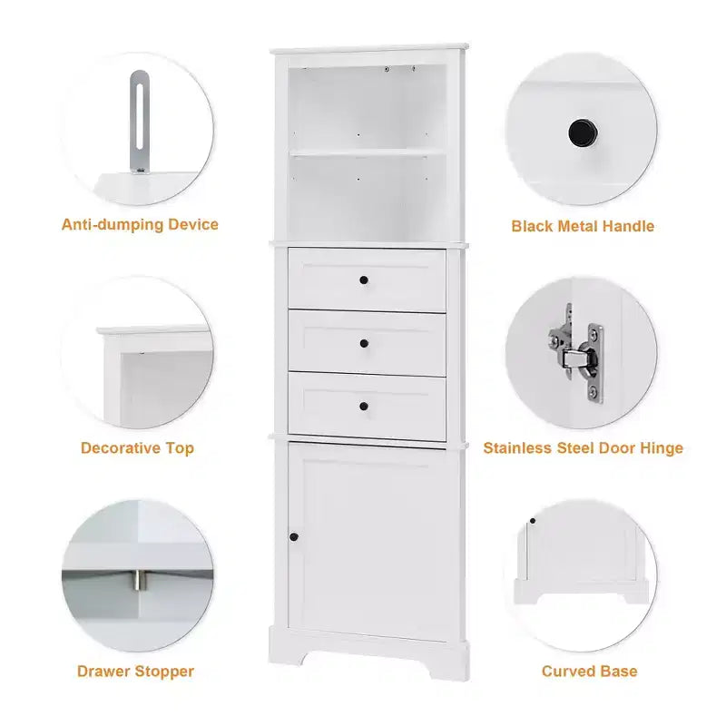 Triangle Corner Storage Cabinet with 3 Drawers and Adjustable Shelves
