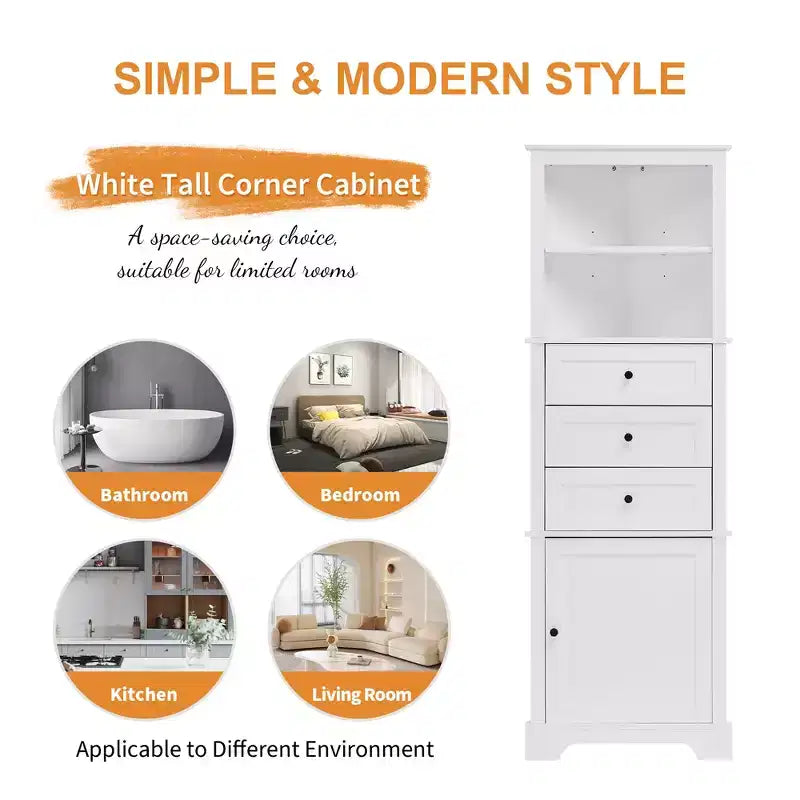 Triangle Corner Storage Cabinet with 3 Drawers and Adjustable Shelves