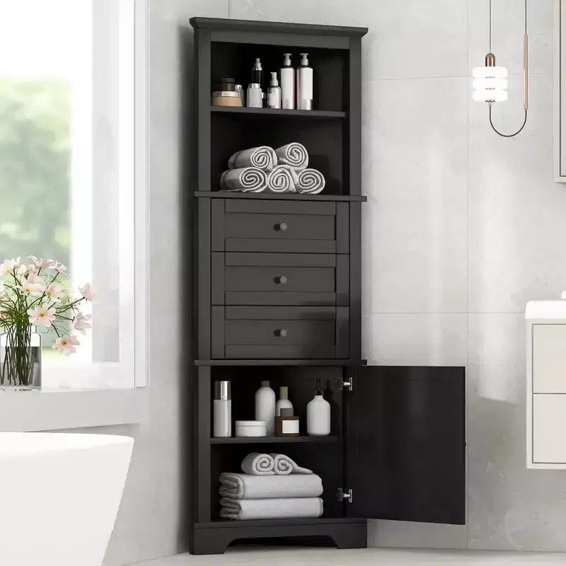 Triangle Corner Storage Cabinet with 3 Drawers and Adjustable Shelves