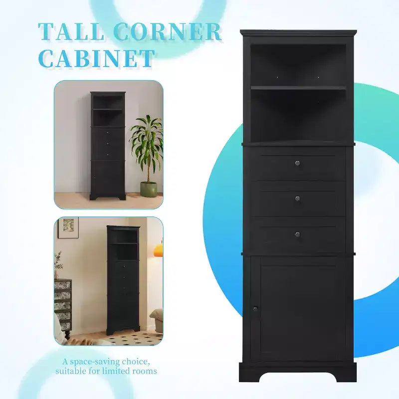 Triangle Corner Storage Cabinet with 3 Drawers and Adjustable Shelves