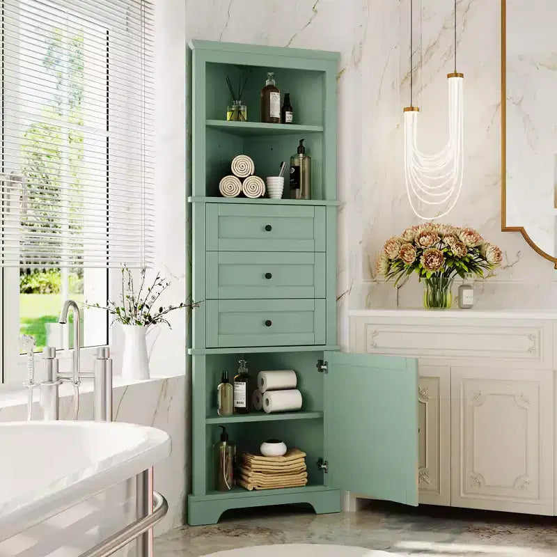 Triangle Corner Storage Cabinet with 3 Drawers and Adjustable Shelves