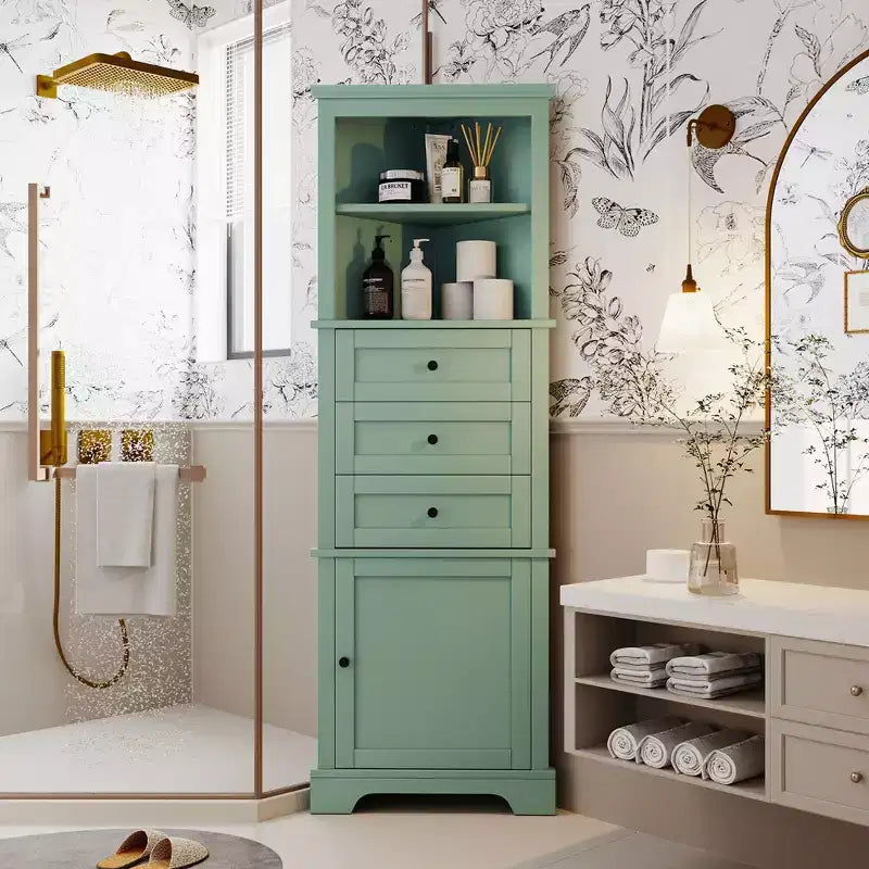 Triangle Corner Storage Cabinet with 3 Drawers and Adjustable Shelves