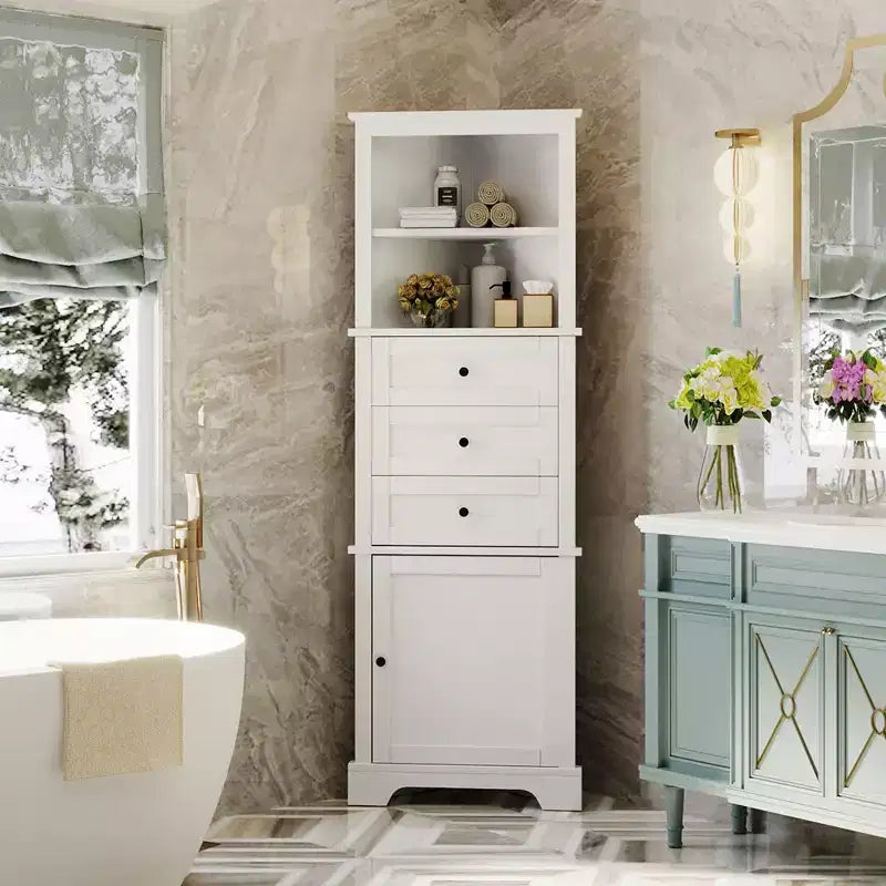 Triangle Corner Storage Cabinet with 3 Drawers and Adjustable Shelves