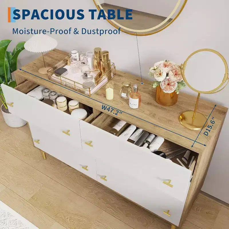 6-Drawer Dresser, 47.2" Wide Chest of Drawers with Bar Handles