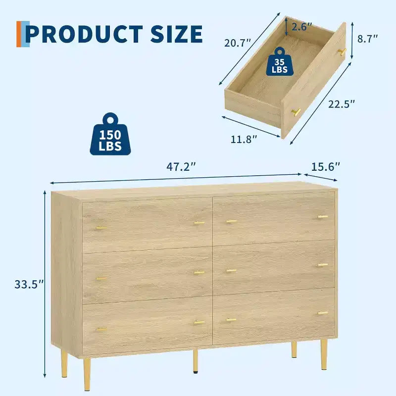 6-Drawer Dresser, 47.2" Wide Chest of Drawers with Bar Handles