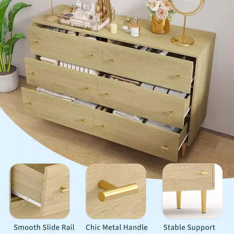 6-Drawer Dresser, 47.2" Wide Chest of Drawers with Bar Handles