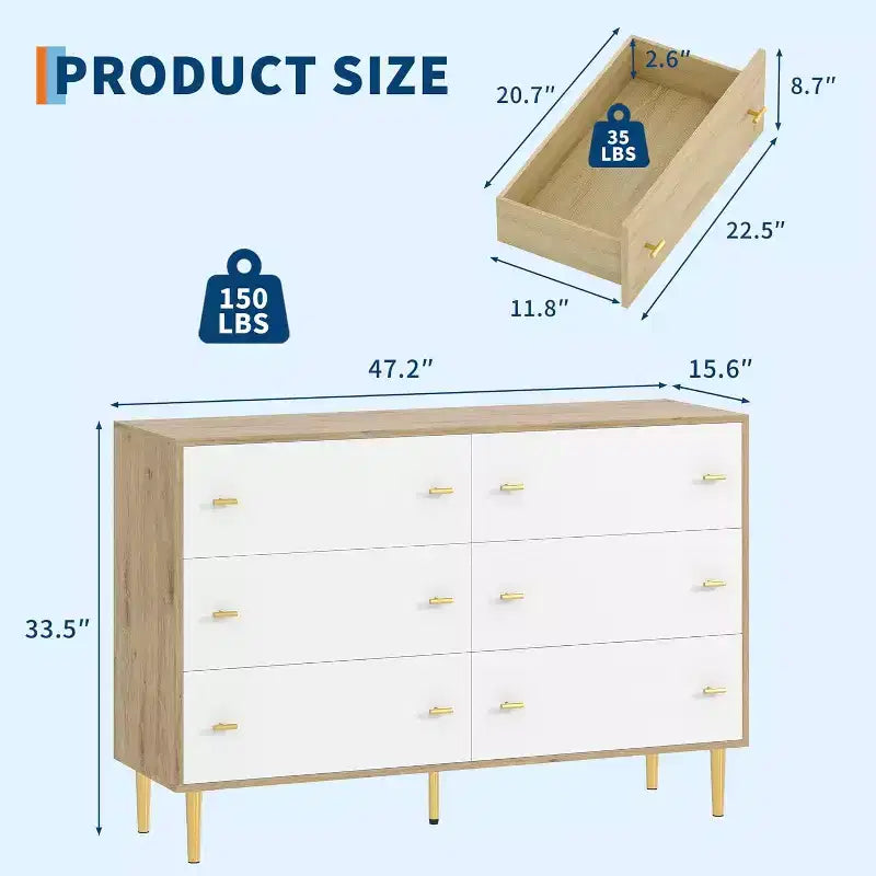 6-Drawer Dresser, 47.2" Wide Chest of Drawers with Bar Handles