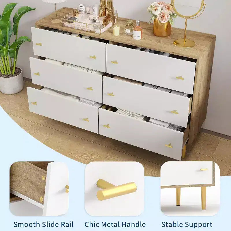 6-Drawer Dresser, 47.2" Wide Chest of Drawers with Bar Handles