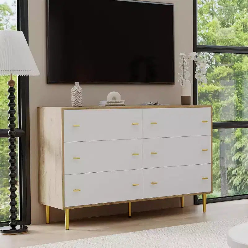 6-Drawer Dresser, 47.2" Wide Chest of Drawers with Bar Handles