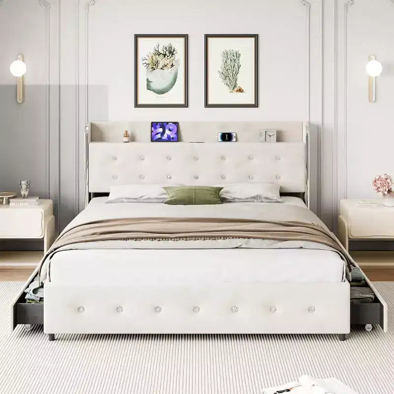 Full-size Bed Frame, with Headboard Shelf and Charging Station, 4 Storage Drawers, Supported by Wooden Strips, no Springs Required, White