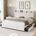 Full Size Bed Frame with Headboard Shelf, Charging Station, and 4 Storage Drawers