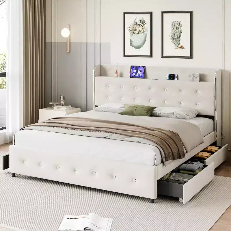 Full Size Bed Frame with Headboard Shelf, Charging Station, and 4 Storage Drawers