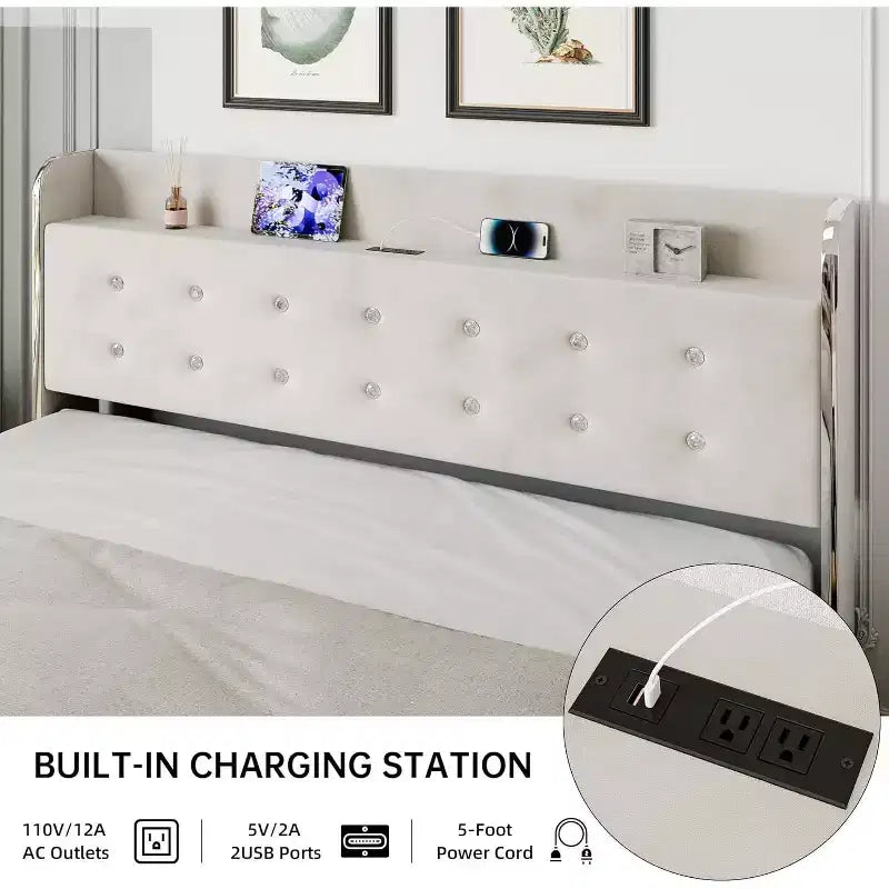 Full Size Bed Frame with Headboard Shelf, Charging Station, and 4 Storage Drawers