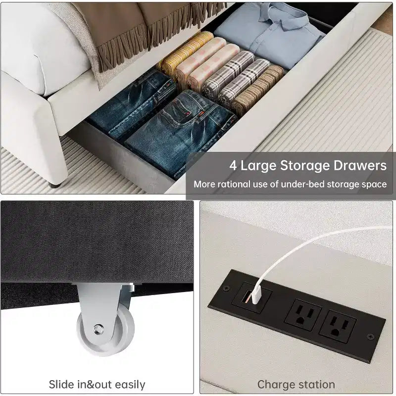 Full Size Bed Frame with Headboard Shelf, Charging Station, and 4 Storage Drawers