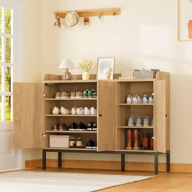3-Door Shoe Storage Cabinet with Rattan Panels and Adjustable Shelves