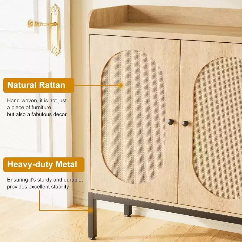 3-Door Shoe Storage Cabinet with Rattan Panels and Adjustable Shelves