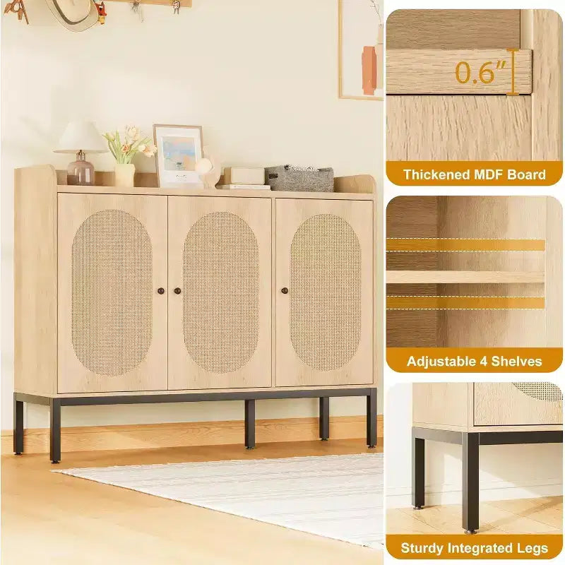 3-Door Shoe Storage Cabinet with Rattan Panels and Adjustable Shelves