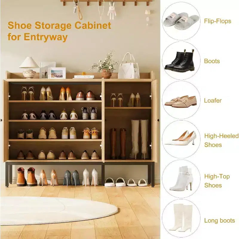 3-Door Shoe Storage Cabinet with Rattan Panels and Adjustable Shelves