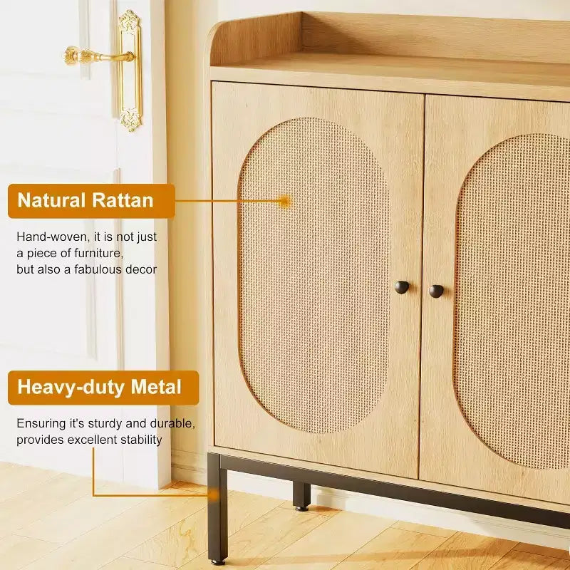 3-Door Shoe Storage Cabinet with Rattan Panels and Adjustable Shelves