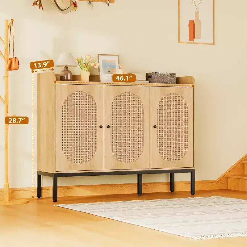 3-Door Shoe Storage Cabinet with Rattan Panels and Adjustable Shelves