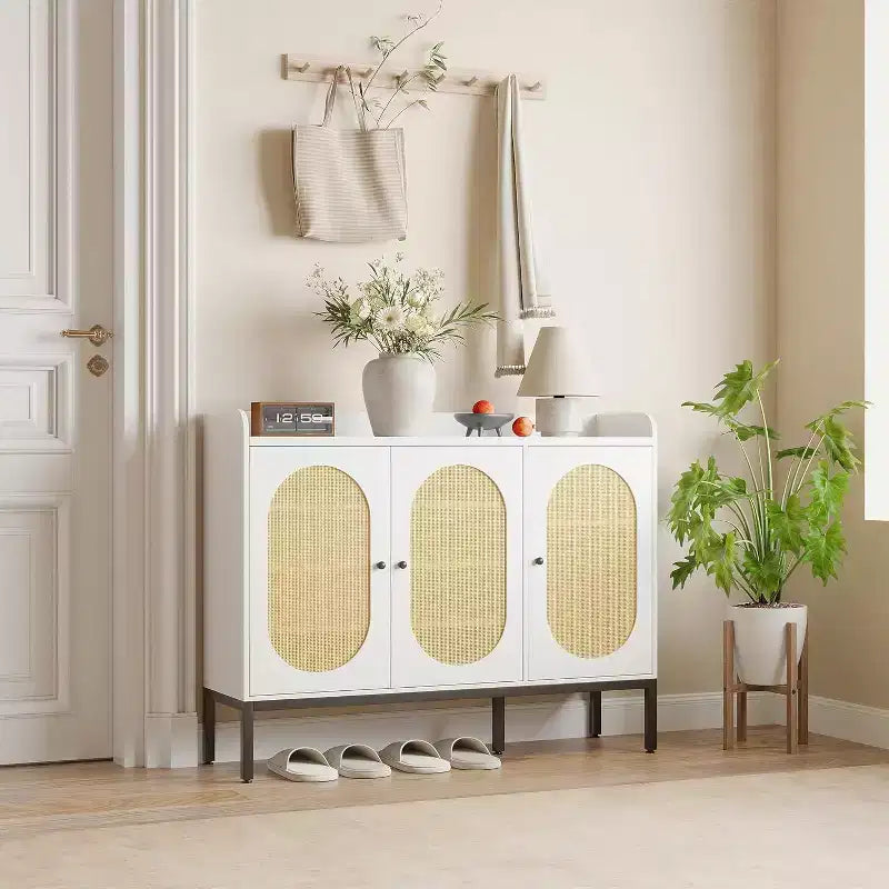 3-Door Shoe Storage Cabinet with Rattan Panels and Adjustable Shelves