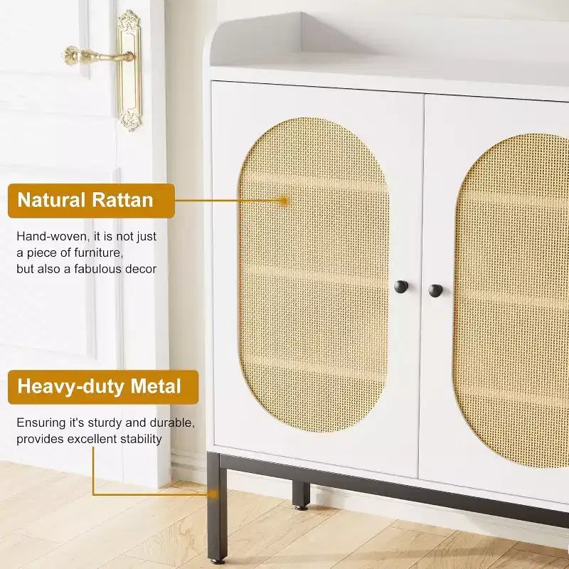 3-Door Shoe Storage Cabinet with Rattan Panels and Adjustable Shelves