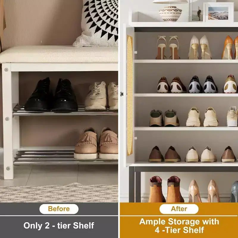 3-Door Shoe Storage Cabinet with Rattan Panels and Adjustable Shelves