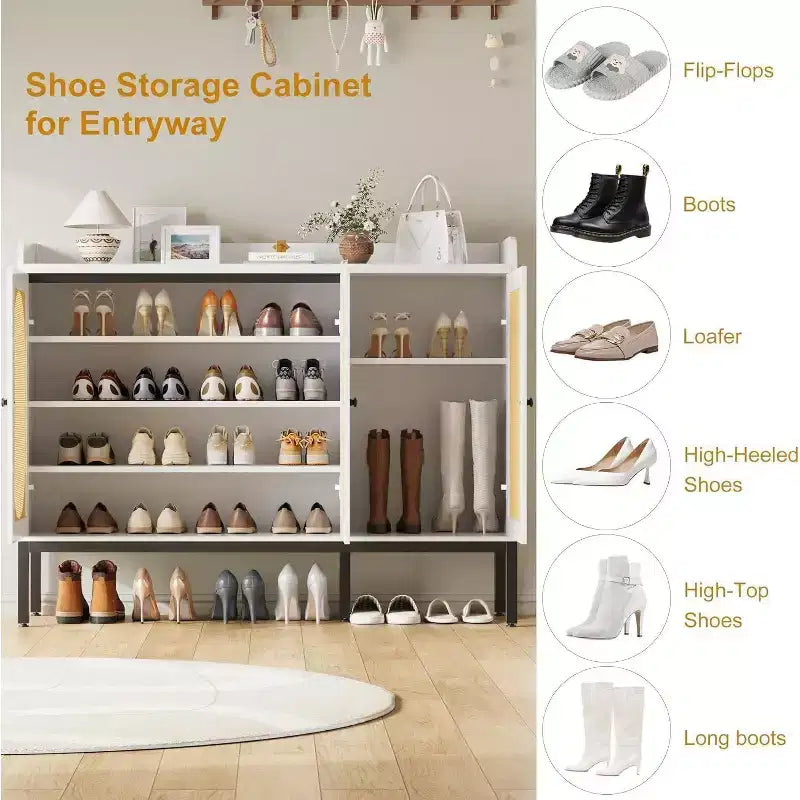 3-Door Shoe Storage Cabinet with Rattan Panels and Adjustable Shelves