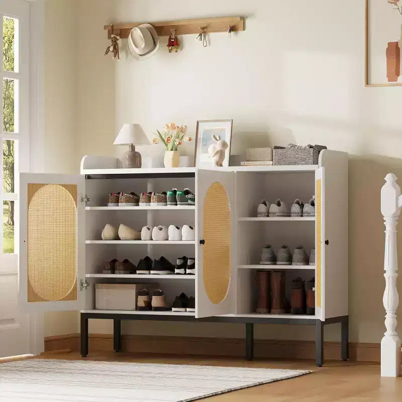 3-Door Shoe Storage Cabinet with Rattan Panels and Adjustable Shelves