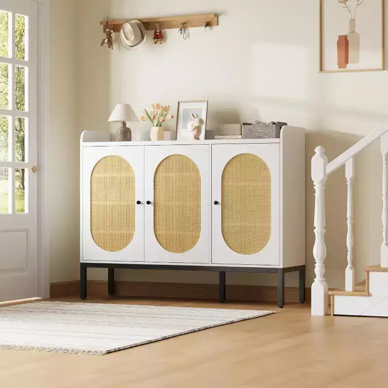 3-Door Shoe Storage Cabinet with Rattan Panels and Adjustable Shelves