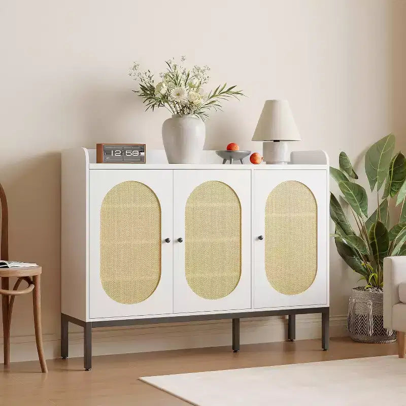 3-Door Shoe Storage Cabinet with Rattan Panels and Adjustable Shelves